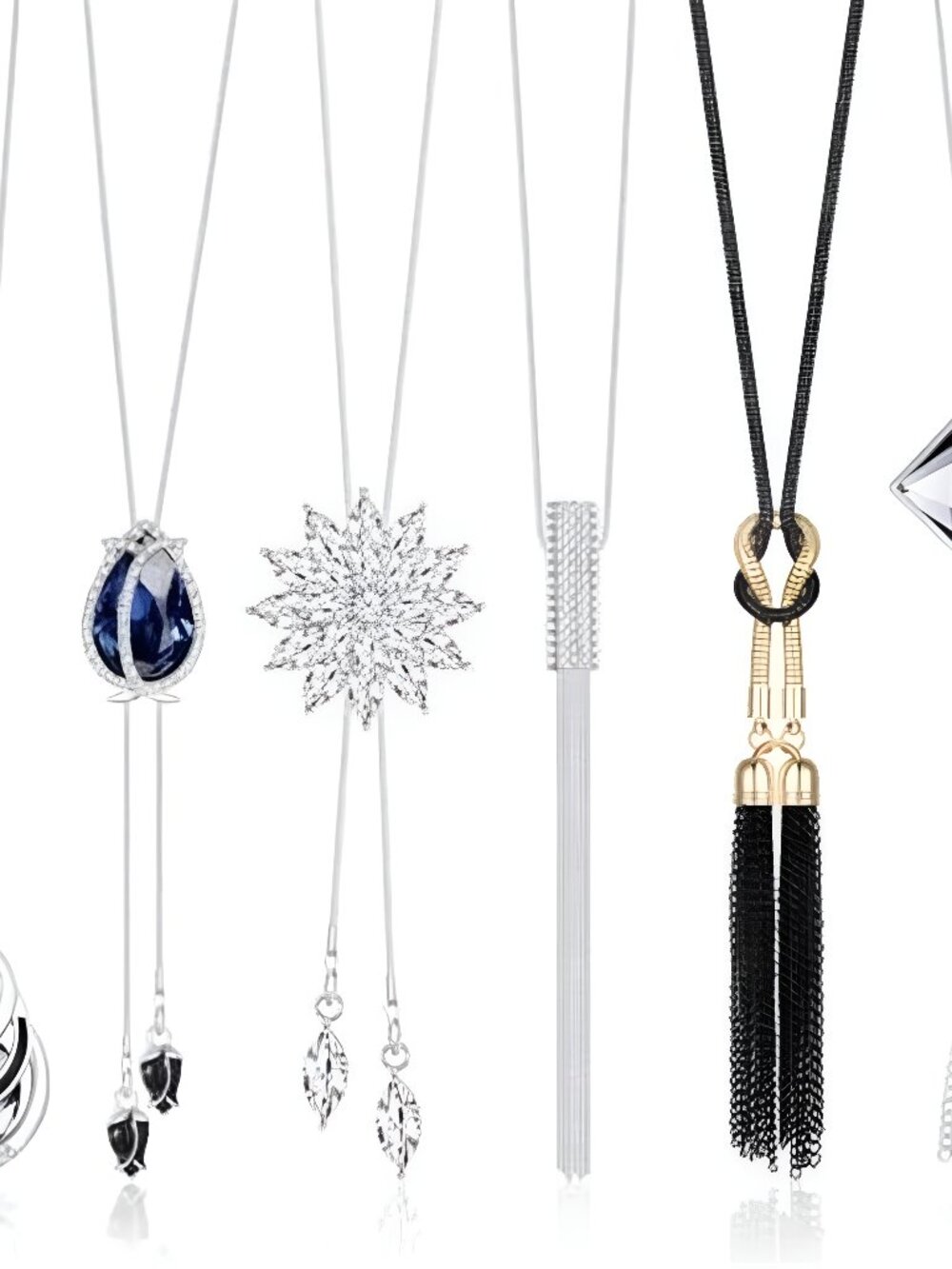 6Pcs Women Long Sweater Necklace Silver Plated Rhinestone Flower Tassel